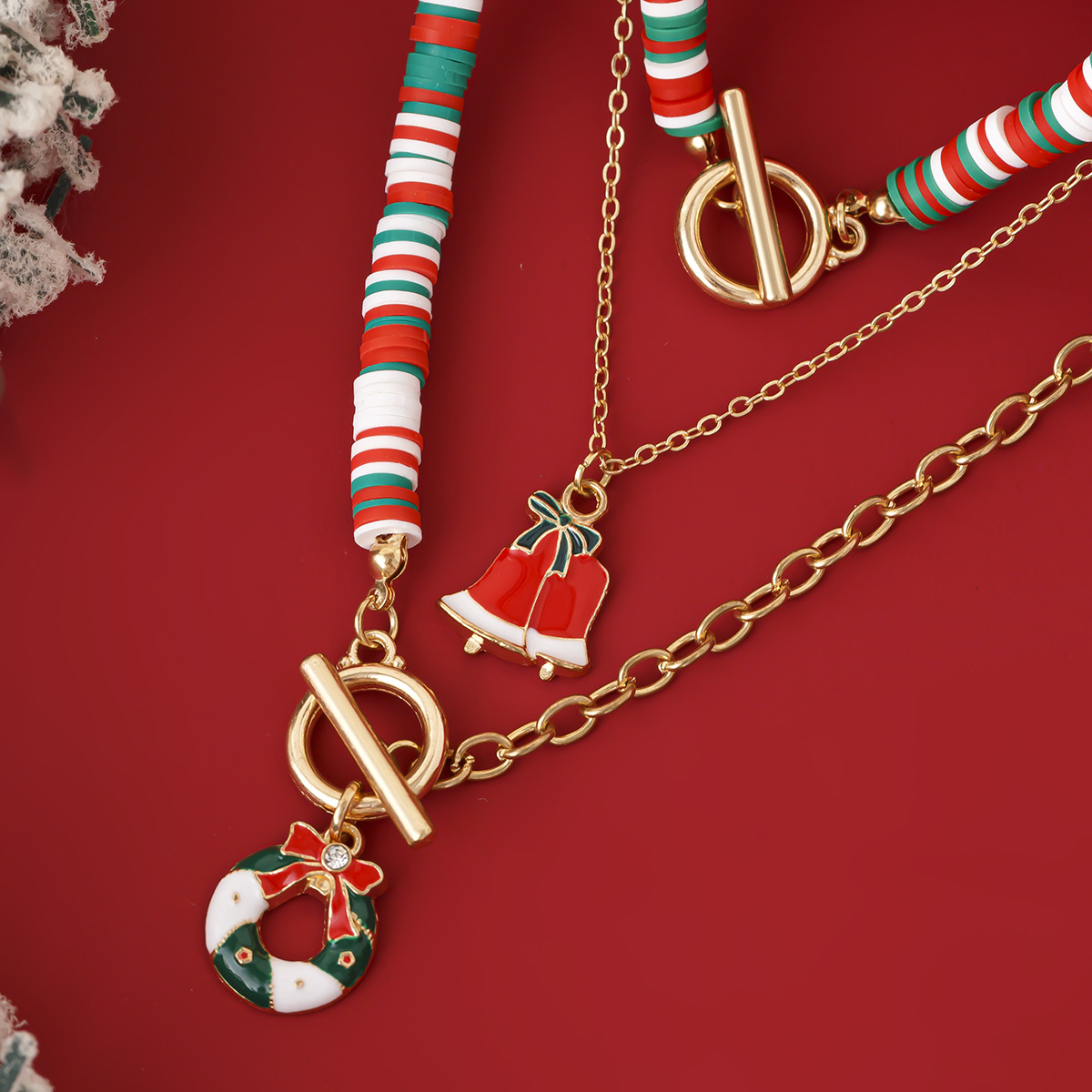 European And American Fashion Soft Pottery OT Buckle Alloy Necklace 3-piece Set Christmas Elderly Pendant Collarbone Chain_voghion.com