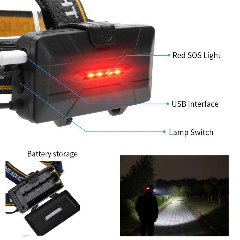 Новый LED мощный дальний свет фар зарядка на улице ночная рыбалка водонепроницаемый COB красный свет предупреждение пан -лысая голова лампа лампа