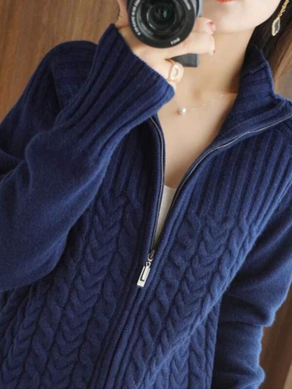 Autumn and Winter New Cashmere Cardigan Women's Half Turtleneck Long-Sleeved Zipper Sweater Jacket Thickeneded Wool Knitwear