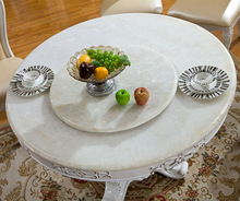 歐式圓桌大理石餐桌椅組合圓形白色實木雕花餐台大理石圓桌帶轉盤
