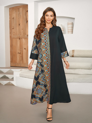 Cross-border real shot hot sale Muslim print splicing long dress elegant Middle Eastern long dress