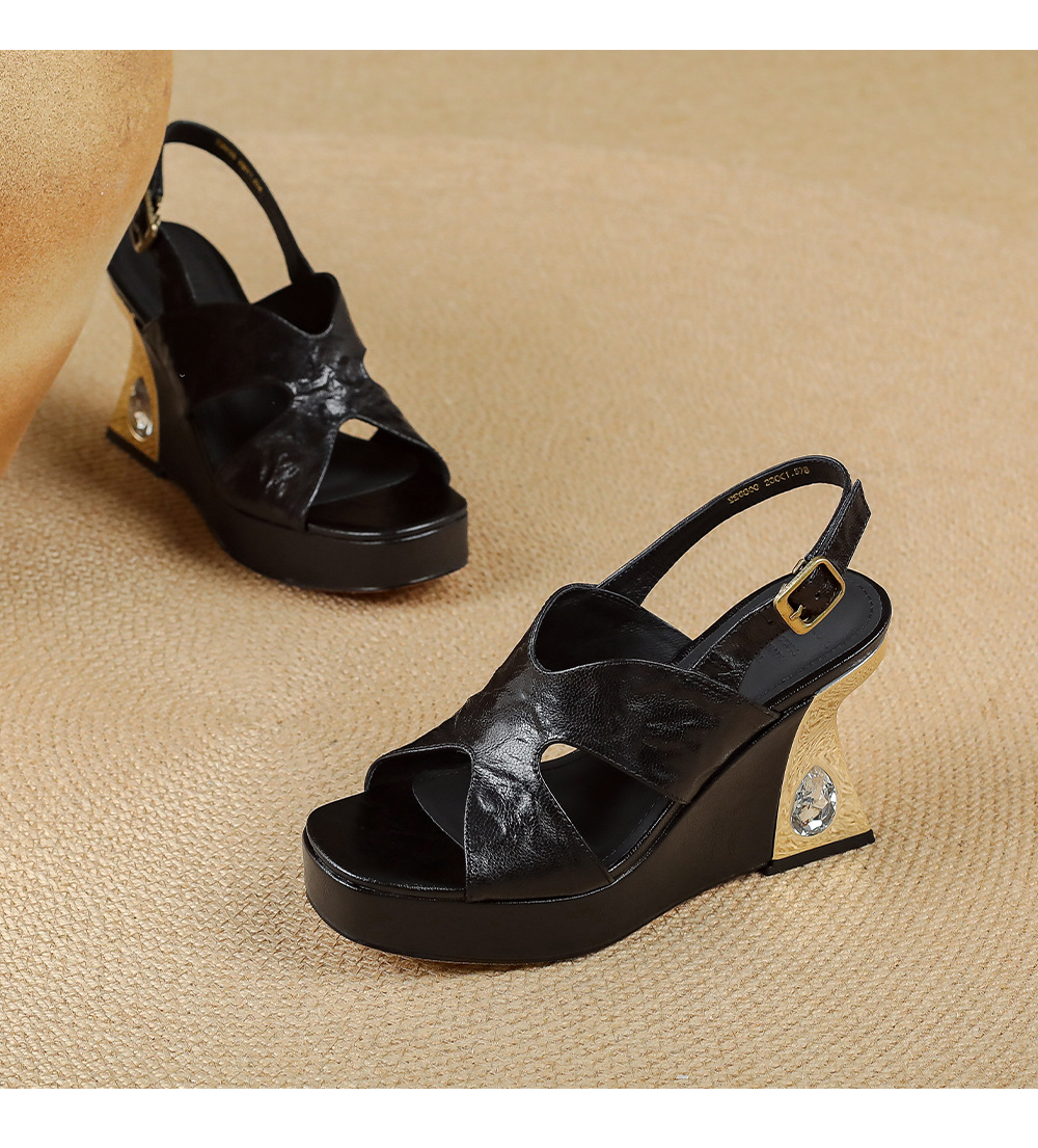 Sandal cao gót nữ mũi vuông quai chéo đế xuồng 9 cm — màu đen, màu trắng ngà chi tiết 16