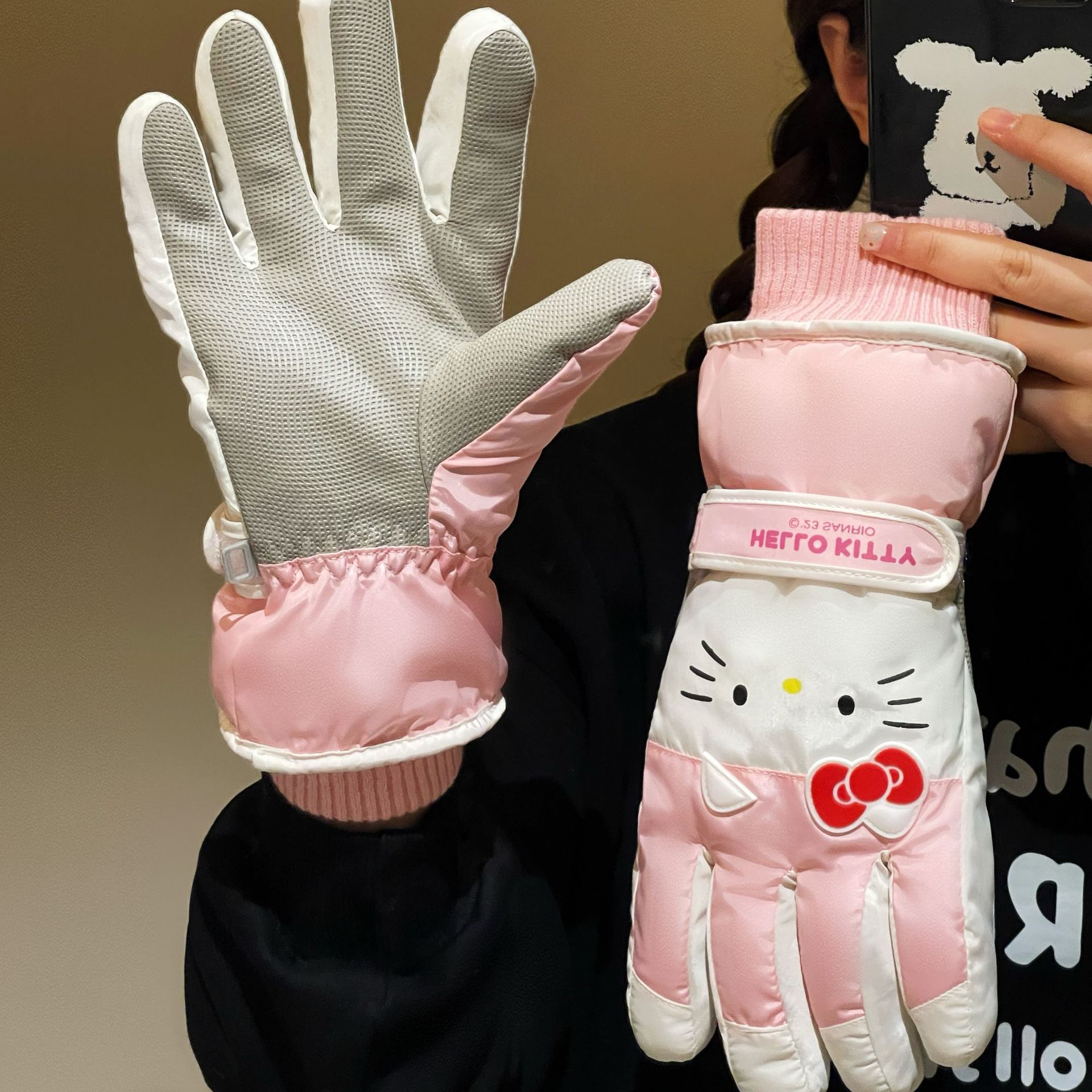 Guantes de esquí auténticos de invierno para mujeres gruesas hellokitty conducir guantes de algodón caliente pantalla táctil