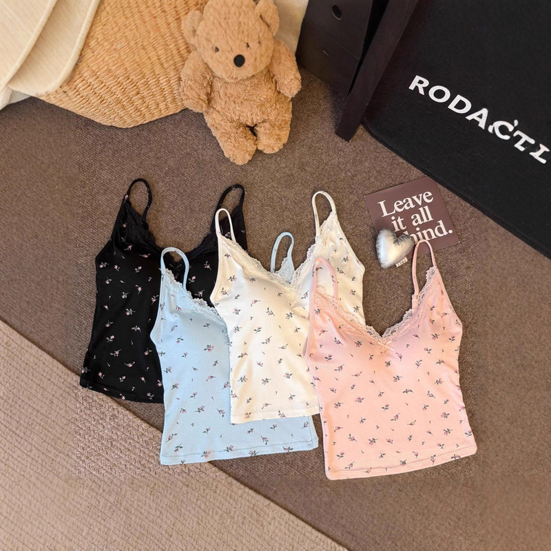 Pure Desire Sweet Girl Lace Floral Small Strap Vest with Built-In Bra Pads for Outerwear Slim Fit Tube Top