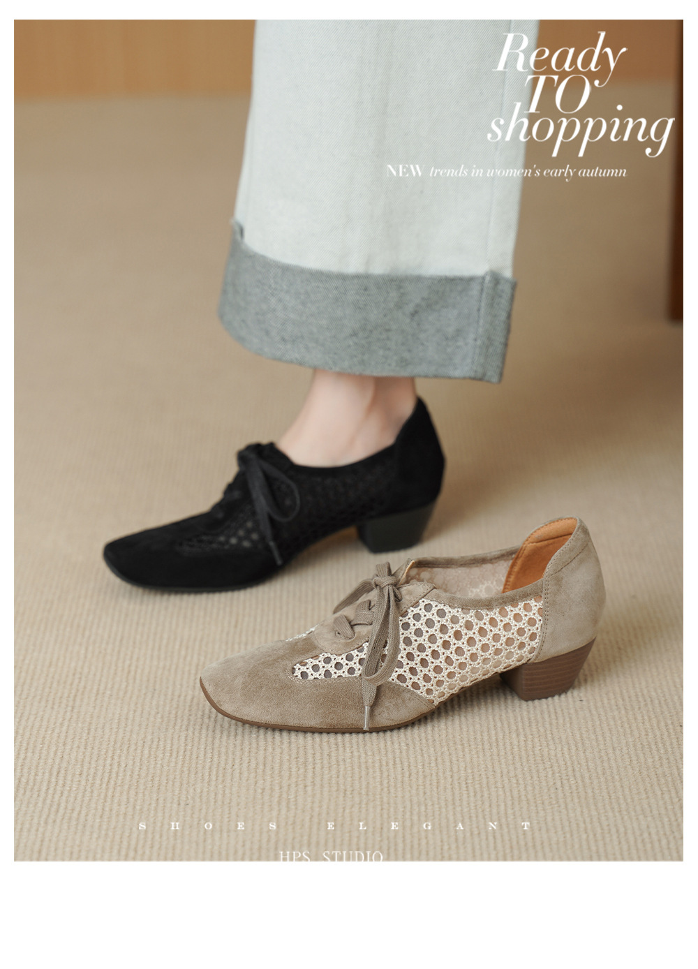 Giày sandal cao gót nữ hở mũi phối lưới, gót 4 cm, phong cách vintage — đen chi tiết 2
