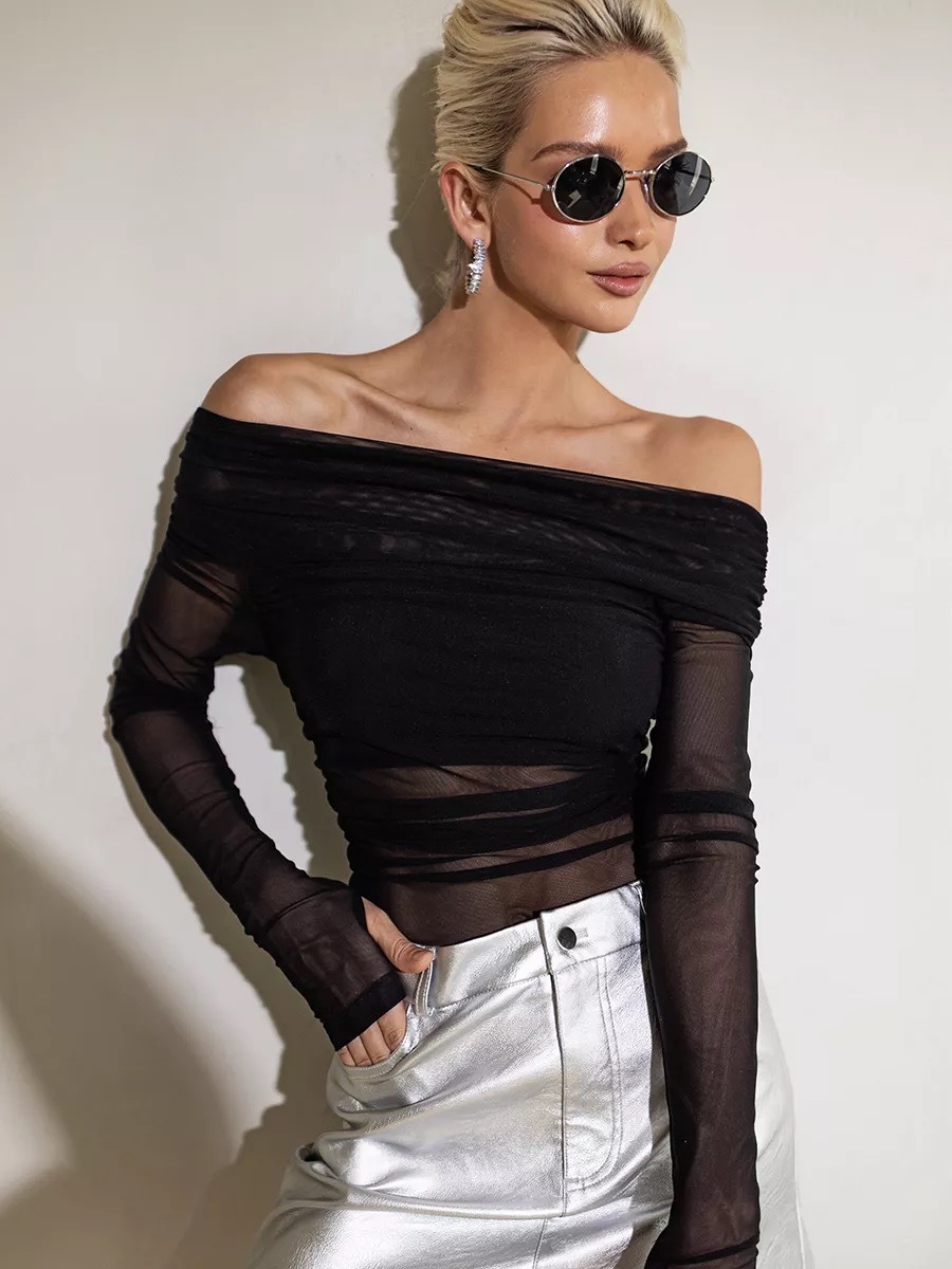 Comercio exterior al por mayor Amazon ropa de mujer europea y americana otoño e invierno nuevos productos con cuello de una línea sexy transparente malla costura camiseta de manga larga image 7