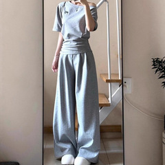 运动套装女夏季韩版宽松显瘦时尚盐系百搭短袖长裤休闲两件套#913