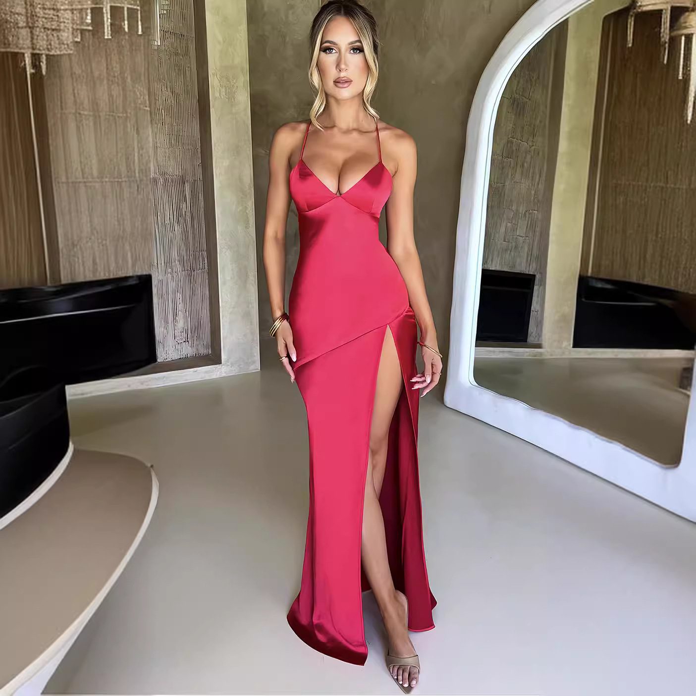 2024 Summer New European and American Fashion Women's Sexy v Neck Suspender Slit Mid-length Evening Dress for Women
