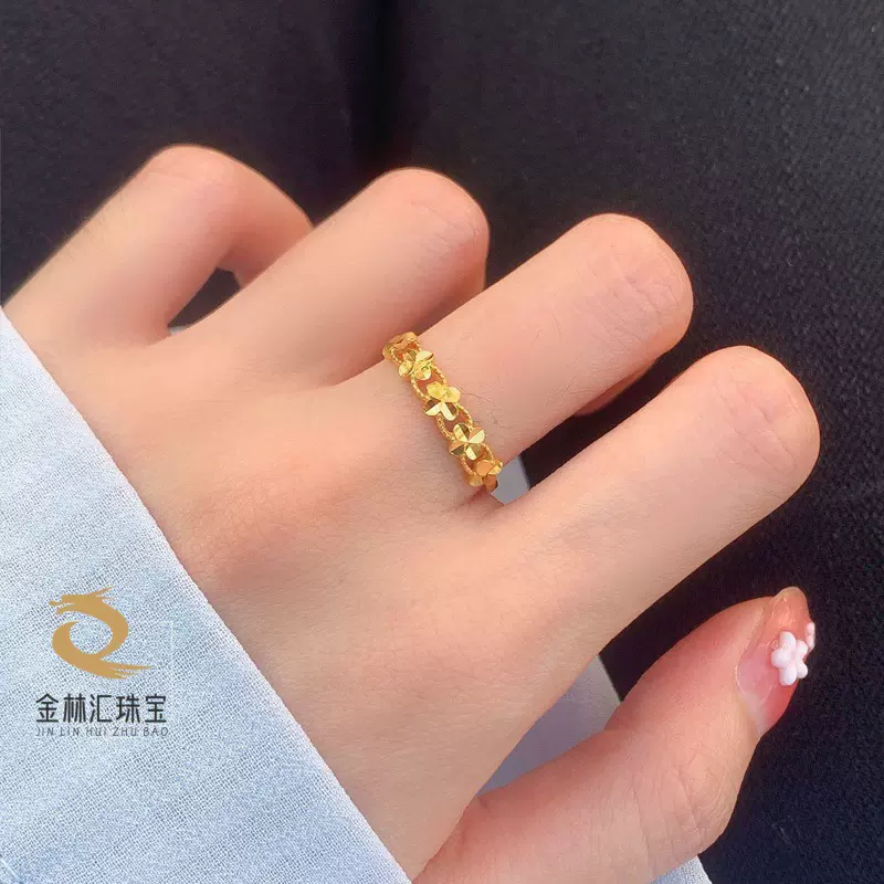 新款小众越南沙金四叶草戒指女 小红书高级铜镀金幸运草指环批发