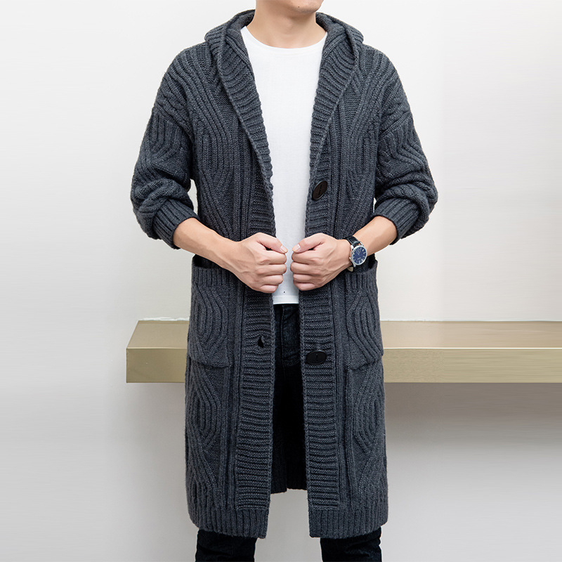 Suéter con capucha cardigan hombres de longitud media trenzado grueso suéter abrigo Primavera, Otoño e Invierno moda abrigo de los hombres de moda