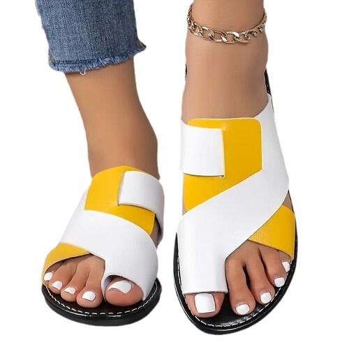 Women's Large Size Slip-On Flat Sandals with Color Block Toe Split Black and White Fish Mouth Shoes