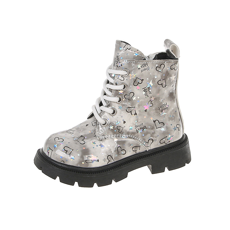 Botas infantis Martin de cano médio com estampa de couro brilhante, novas botas infantis Martin para meninas, botas de cano médio da moda para meninos, outono/inverno 2024_voghion.com