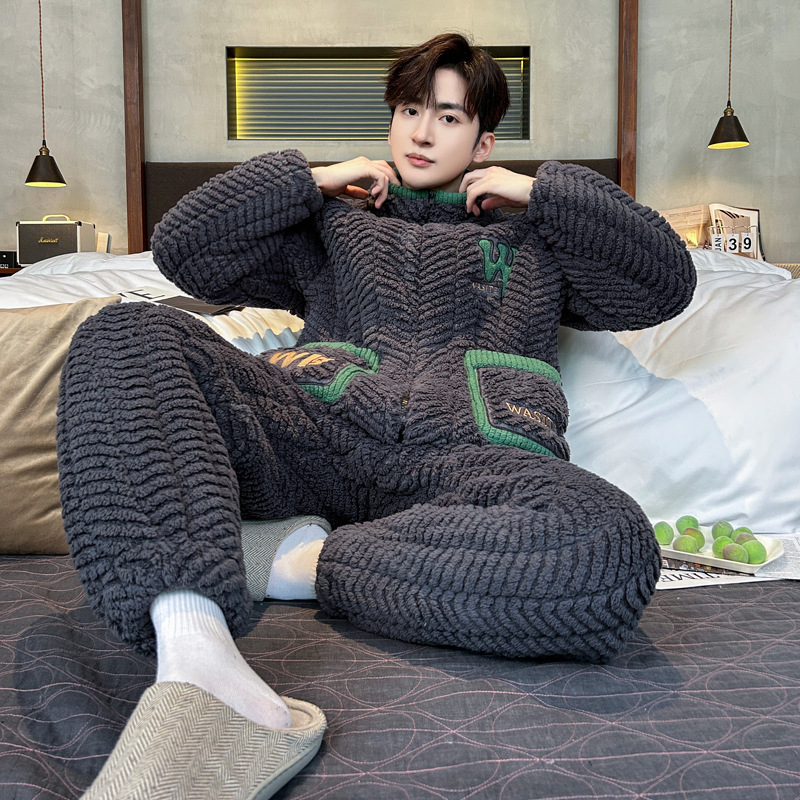 3 층 면 패딩 재킷 잠옷 남자의 가을 겨울 기모 새 겨울 지퍼 산호 양털 홈 옷 세트