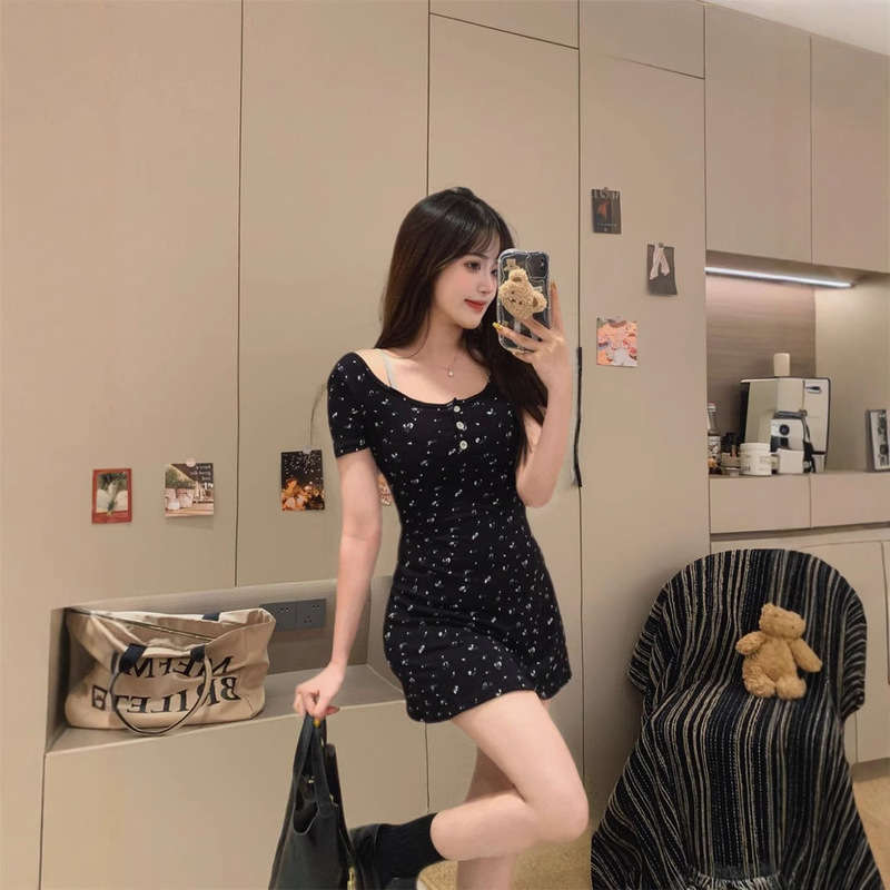 5082 # Rayon French Floral Short-Sleeved Fake Two-Piece Dress Summer High-End Short Skirt Waist Slimming Hip Skirt