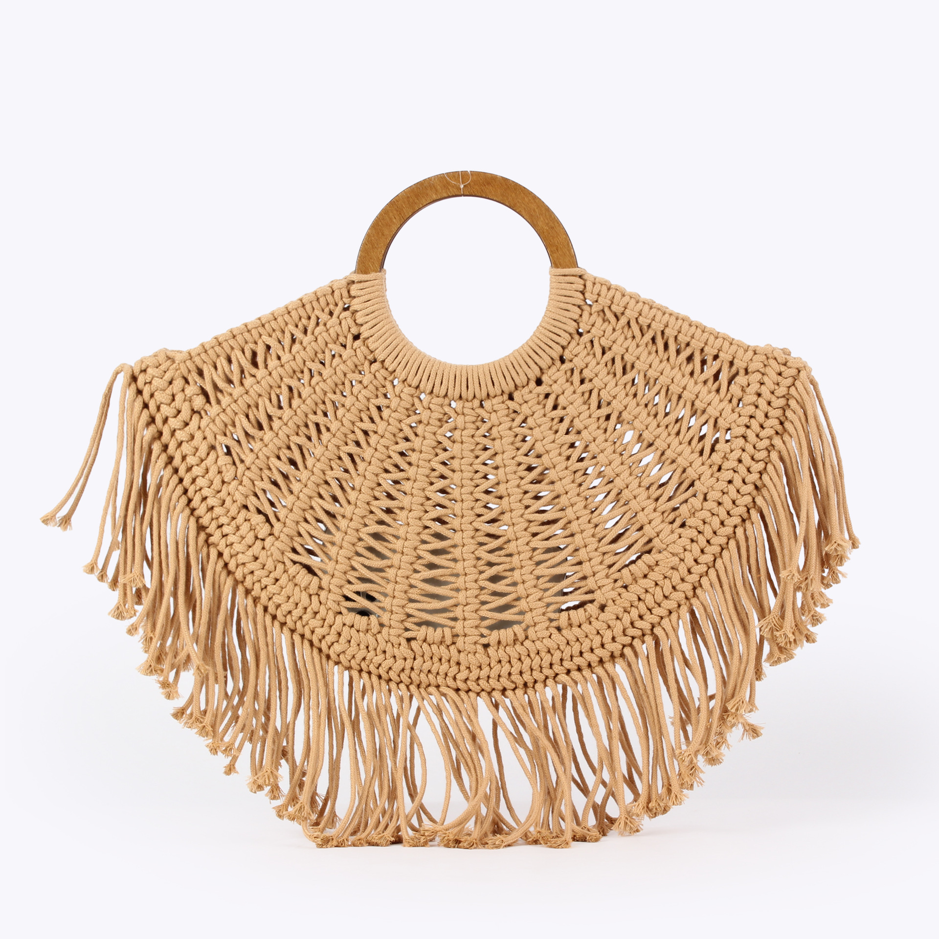 Handgewebte Strohtasche aus Baumwollseil, vielseitig, mittelgroß, mit Reißverschluss und Magnetverschluss, mehrfarbig khaki, für Strandurlaub, Pendeln, lässig und künstlerisch_voghion.com