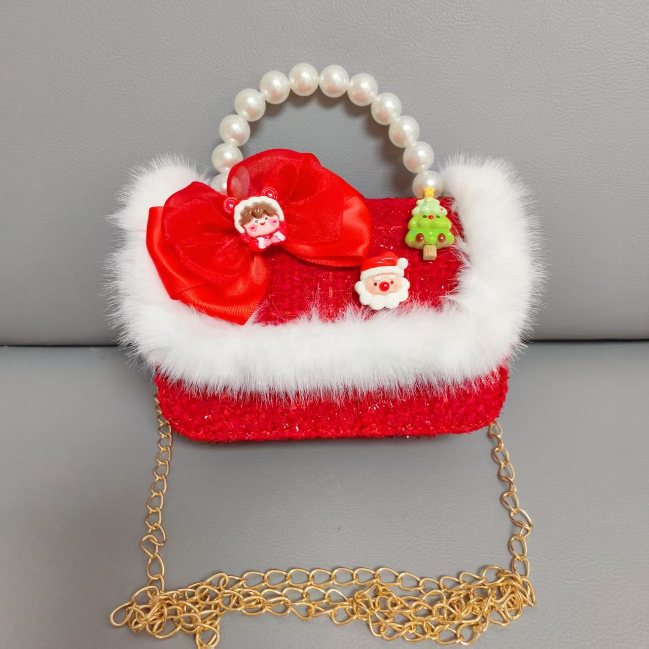 Cartera de Año Nuevo rojo arco de papá Noel bolso de perla pequeña cadena de viento fragante bolso de hombro