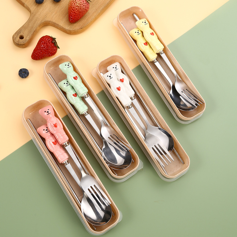 Corea del Sur ins lindo dibujos animados portátil de cerámica mango Acero inoxidable palillos Palillos vajilla hogar Bento desayuno