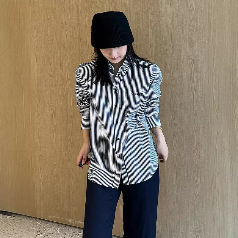 衬衫女款2025早秋新品高支高密纯棉条纹骨感衬衫女休闲打底短袖衬