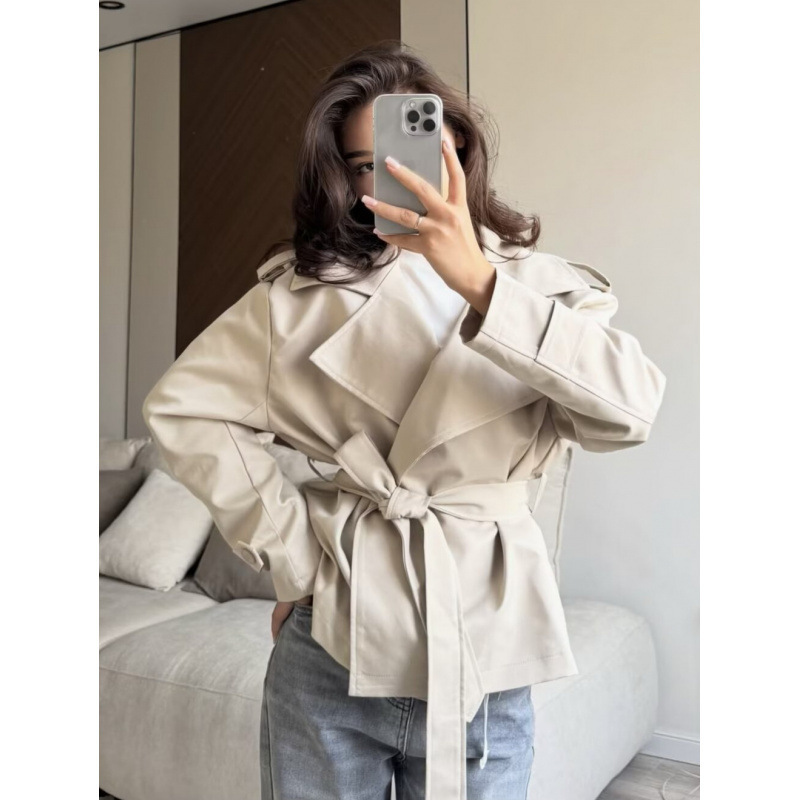 2026 Fashion Short European and American Style Women's Clothing Wholesale Solid Color 2026 New Cross-Border Belted Trench Coat Jacket