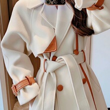 欧美跨境毛呢外套女秋冬季中长款大翻领设计感拼色加厚呢子大衣潮