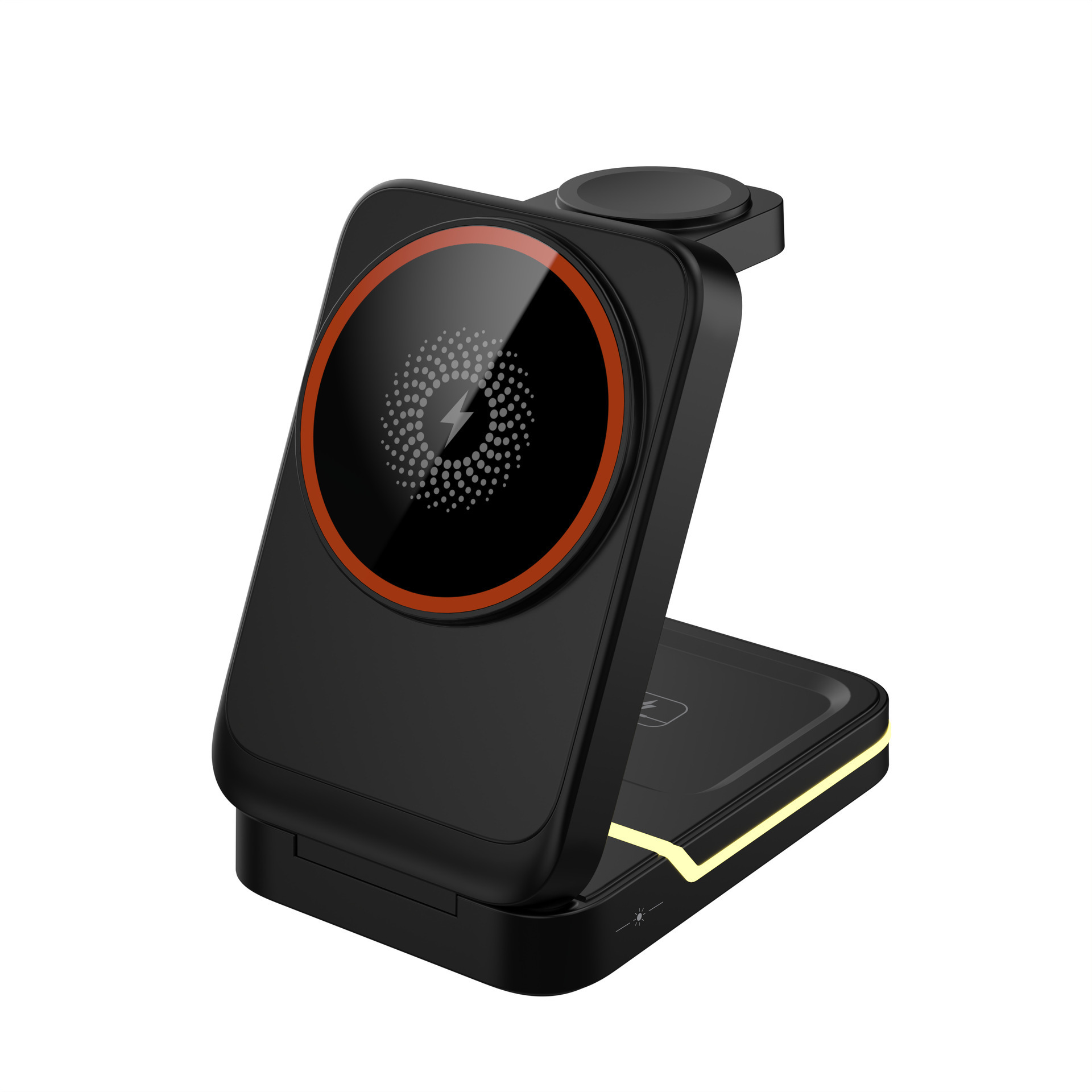 Soporte de carga inalámbrico magnético tres en uno, plegable y de almacenamiento, luz nocturna, para auriculares, reloj, teléfono móvil, cargador inalámbrico vertical de carga rápida