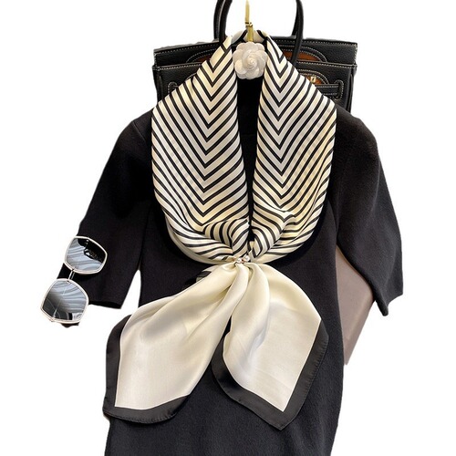 Stylish Lightweight Luxury 90cm Silk-Simulated Scarf with Korean and Japanese Minimalist Striped Design, Elegant and Versatile Shawl/Neck Scarf with Instagram Style Multifunctionality