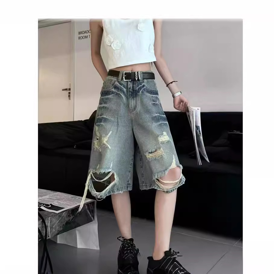 Retro ripped high-waist denim shorts for women 2024 summer thin high-waist slimming straight five-point pants wide-leg medium pants