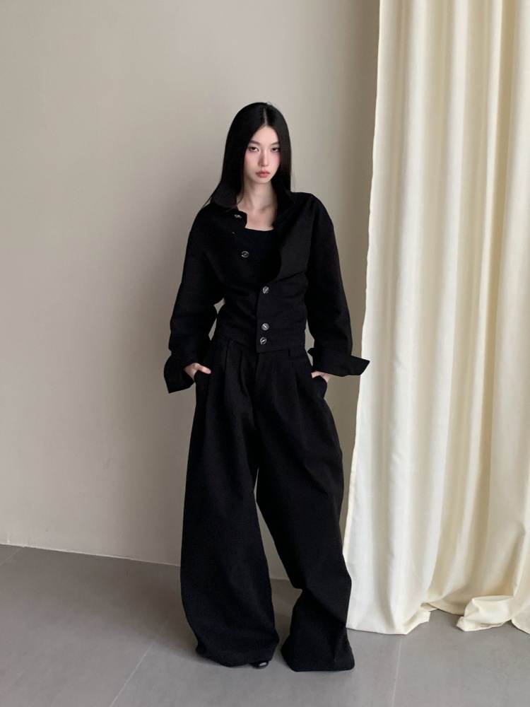 GraceChic GraceChic Autumn Hepburn Style "Urban Elite" Crisp Texture Waist-Cinching Short Shirt And Pleated Wide-Leg Straight Pants Set_voghion.com