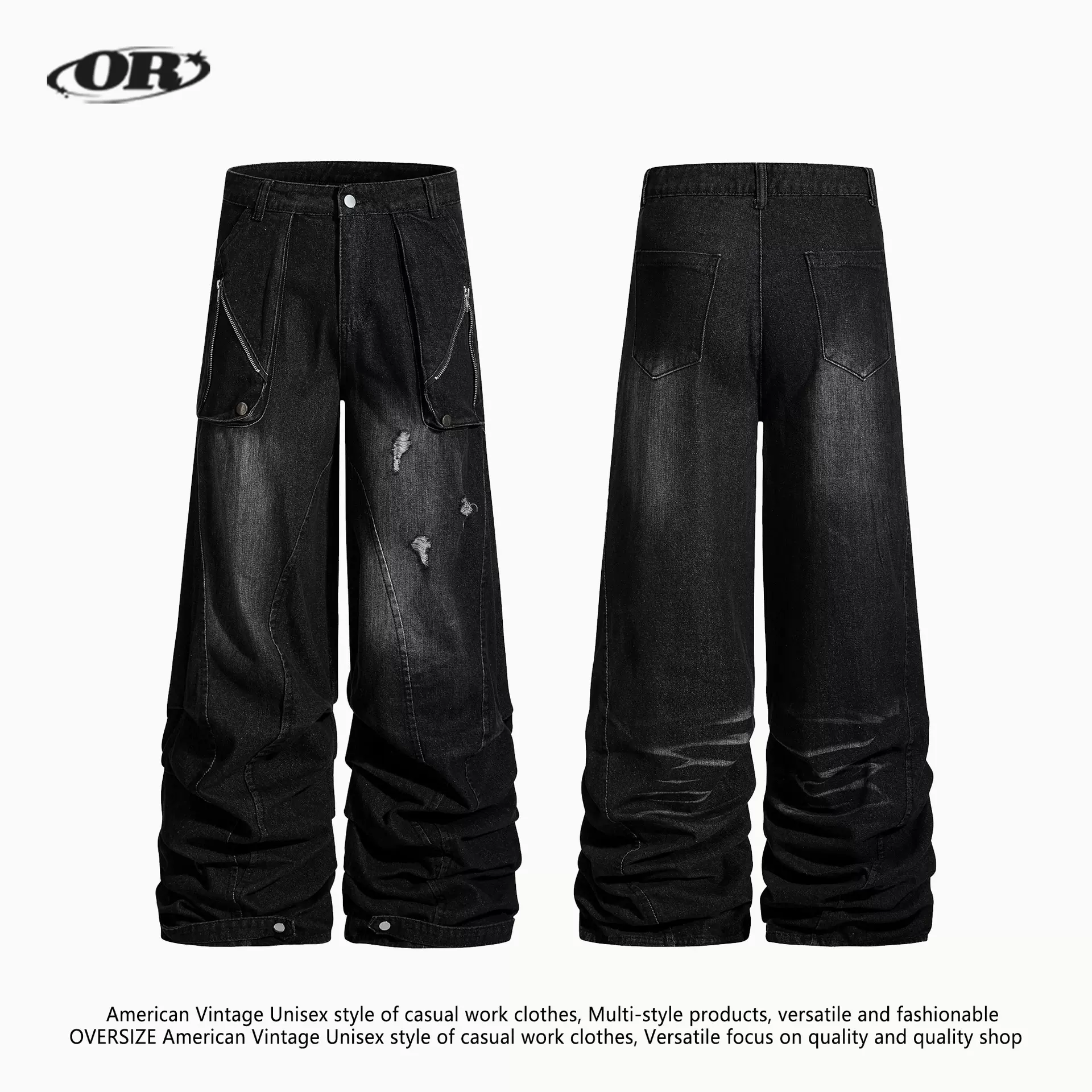 OREETA美式街头朋克直筒牛仔裤男女款复古堆积感叠叠裤阔腿拖地裤