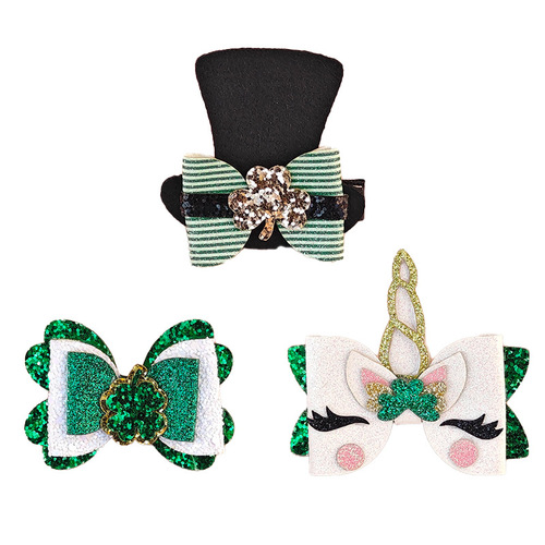 Irish Day Clover Hat Bow Hair Clip St. Patrick's Day Greeting Unicorn Full Cover Clip