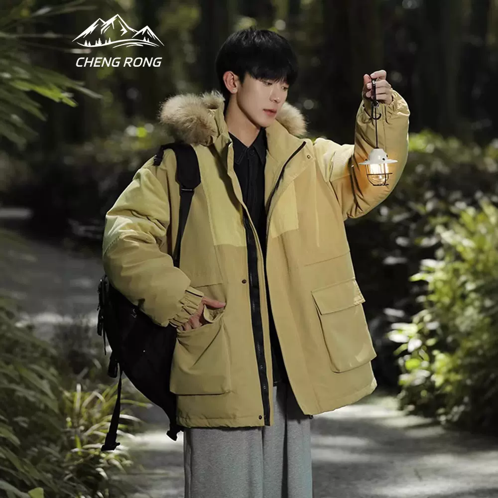 骆驼HJCAMEL工装派克棉服男士冬季宽松加厚保暖毛领可拆卸帽外套