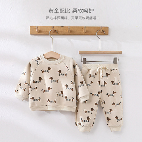 2024 Infant Sweater Fleece Suit Male and Female Baby Spring New Children's Suit Long Sleeve Sweater Two-piece Set