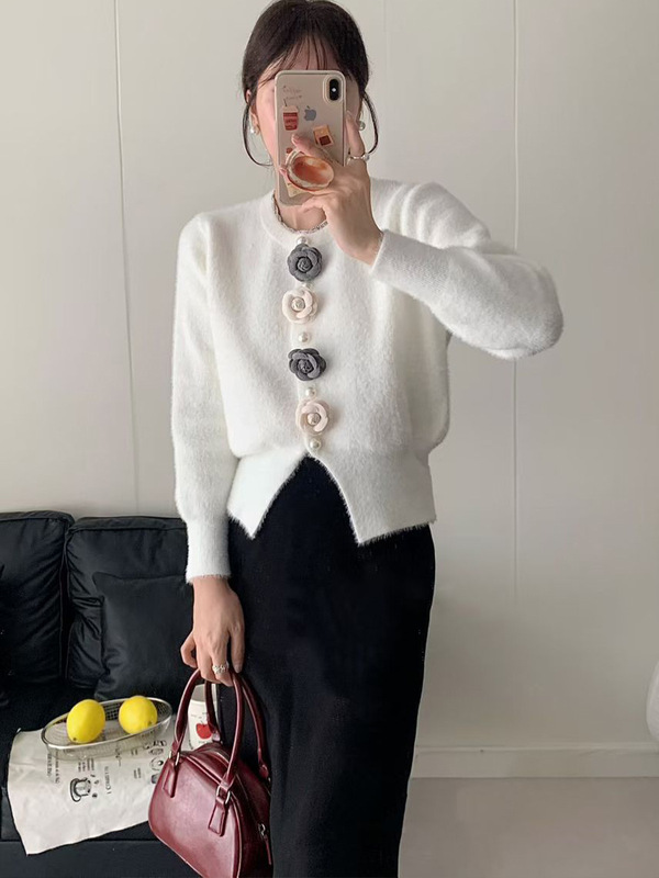 设计感立体花朵针织开衫女2025秋冬新款仿水貂绒软糯甜美毛衣外套|undefined