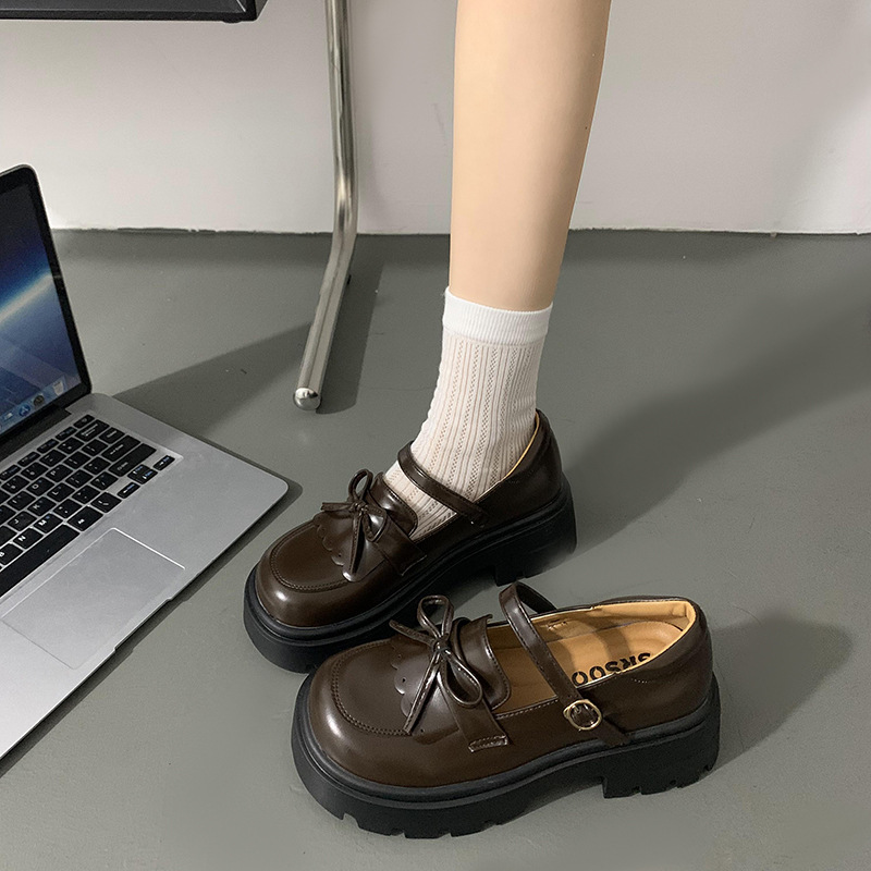 Universal brown retro summer Mary Jane shoes with bow platform