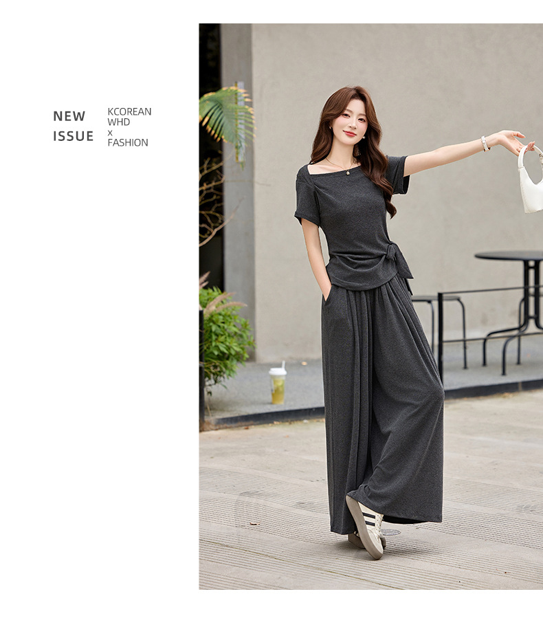 Bộ quần áo nữ thiết kế dây rút, áo phông phối quần ống rộng, form rộng thoải mái — Màu ảnh chi tiết 13