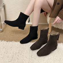 粗跟短靴女2025秋冬新款黑色绒面弹力瘦瘦靴中跟方头显瘦袜靴低跟