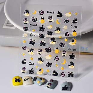 CoCo Notes relief nail stickers popular vintage nail stickers factory wholesale Japanese Moon Night Cat Black
