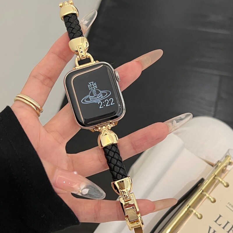 Braided Leather Strap with Metal Links Suitable for Apple Watch iWatch Series 11, 9, 8, 7, 6, 5, 4, Se, Vintage Chanel Style