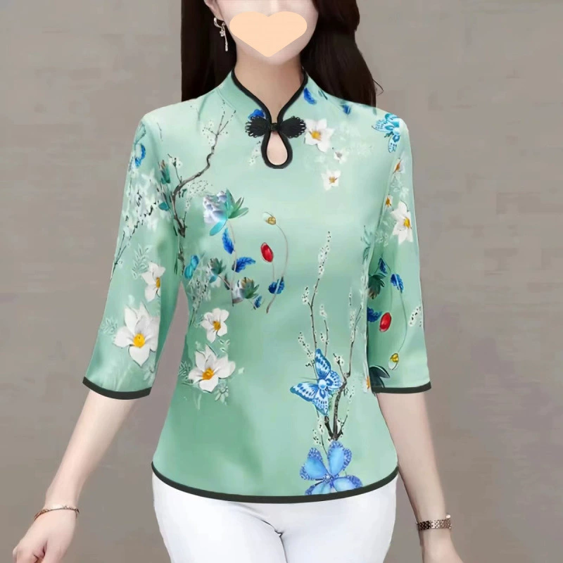 Новая одежда для мам в китайском стиле, имитация шелка в стиле ретро, ​​весенний, летний и осенний костюм Тан, ханьфу, улучшенный чонсам для квадратных танцев, топ с рукавами три четверти