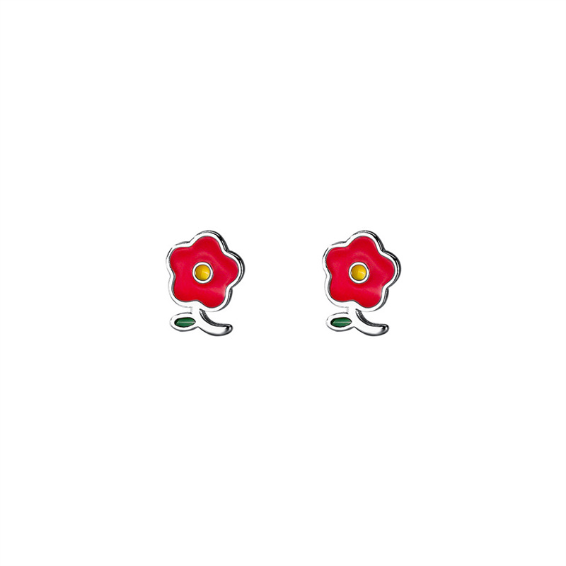 Boucles d'oreilles en argent pur style campagne petite fleur rouge pour femme série forêt tempérament frais mignon_voghion.com