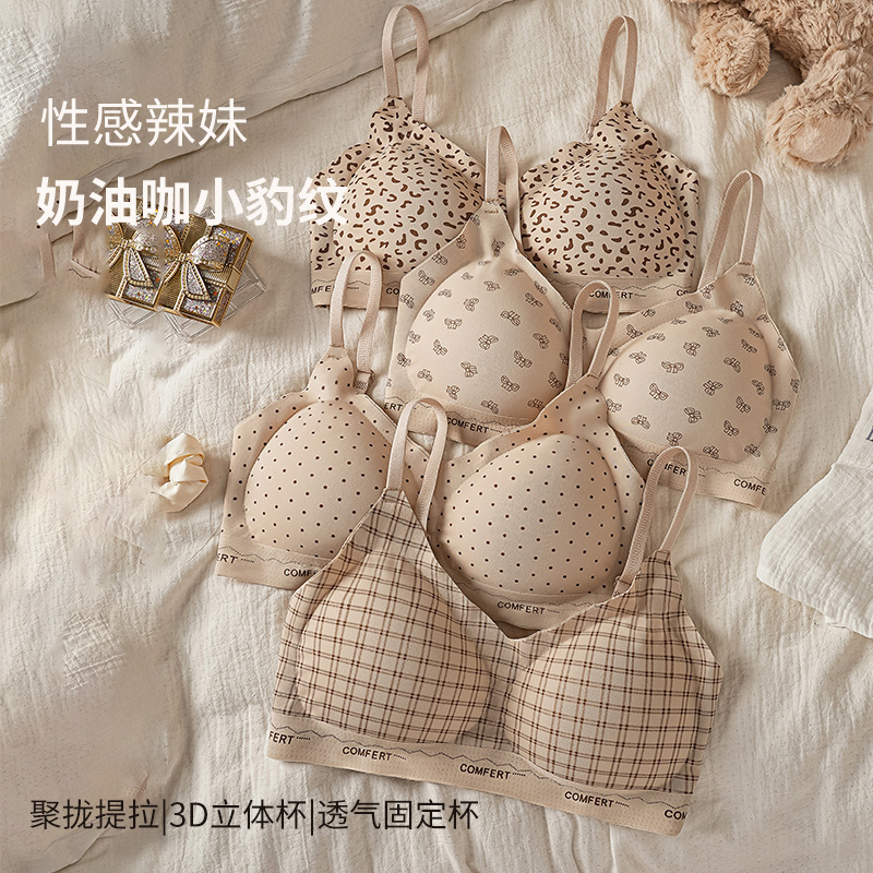 Cross-Border Sexy Leopard Print Seamless Underwear for Women, Soft Support for Small Busts, Push-Up, Wireless, Thin Style Women's Bra