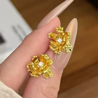 沙金饰品镶钻牡丹花耳钉女仿黄金小众轻奢高级感耳饰结婚三金配饰