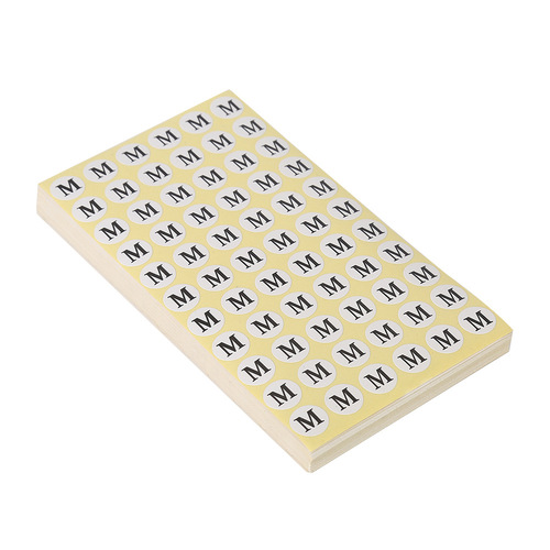 Circular white background, black text manufacturer's digital label size sticker for clothing and shoe size markings, wholesale