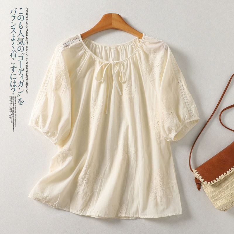 Реальная фотосессия · Свежая литературная рубашка с вышивкой из хлопка и льна Простая рубашка на шнуровке