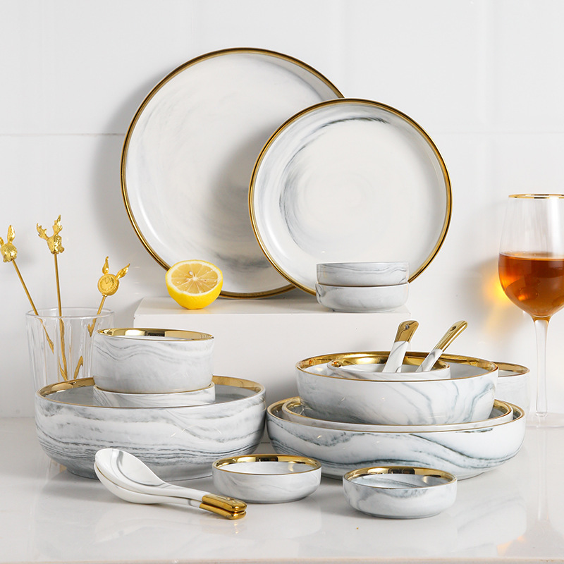 Light Luxury Style Phnom Penh Marble Pattern Bowl and Dish Set Household Internet Celebrity Ceramic Soup Bowl and Dinner Tableware Set Light Luxury Style Phnom Penh Marble Pattern Bowl and Dish Set Household Internet Celebrity Ceramic Soup Bowl and Dinner Tableware Set