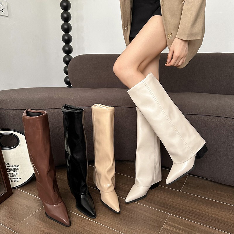 Pointed Toe Chunky Heel Brown Melard Mid-Length Boots for Women, 2024 New Spring and Autumn Style, Trendy Long Tube Riding Boots
