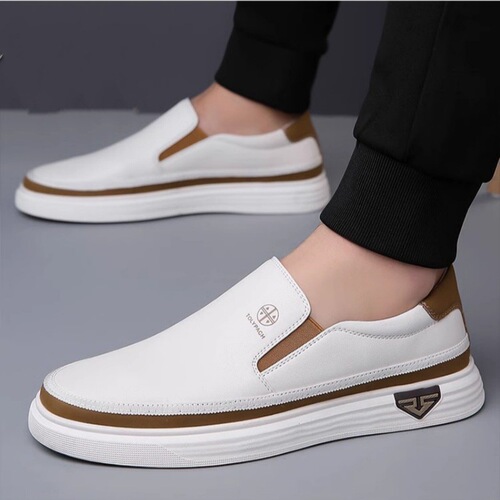 Small white shoes, spring genuine leather and blue trend skate shoes, men's step-on, non-slip, soft-sole, fashionable sports and casual shoes