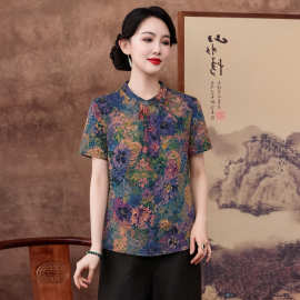 杭州桑蚕丝花萝香云纱衬衫女中老年妈妈夏装高货印花桑蚕丝上衣