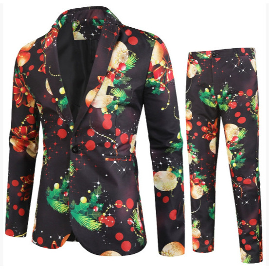 Foreign Trade Men's New Casual Three-Piece Suit Men's Christmas and Halloween Notched Lapel Printed Suit Set