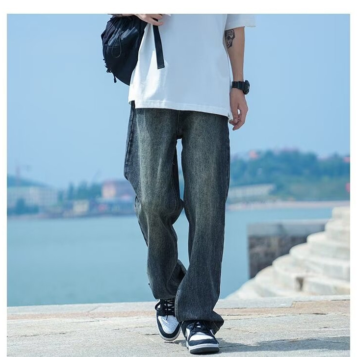 Men's Washed Straight-Leg Jeans – High Street Style Relaxed Fit Casual Pants Neutral Styling Base_mkmklike.com